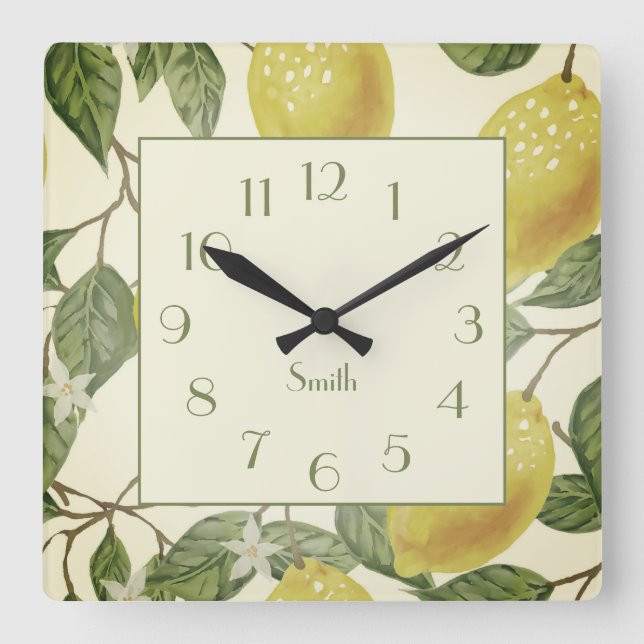 Botaniska Vintagens Gult Lemons Family Namn Fyrkantig Klocka (Framsida)