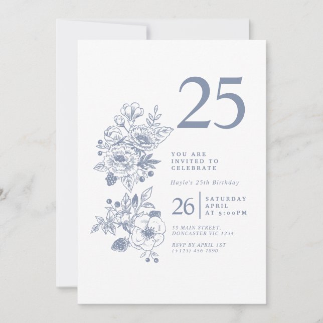 Botaniska Wildblomdusty Blue 25:e födelsedagen Inbjudningar (Framsida)