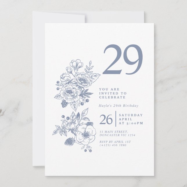 Botaniska Wildblomdusty Blue 29:e födelsedagen Inbjudningar (Framsida)
