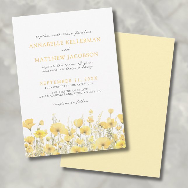 Botaniska Wildblomman Gult Blommigt Bröllop Inbjudningar (Botanical Wildflower Yellow Floral Wedding Invitation)