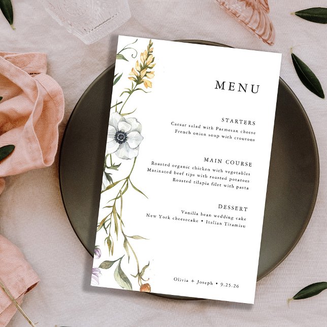 Botaniska Wildblommor | Elegant bröllop Menu (A trendy and whimsical wedding menu featuring colorful wildflowers)