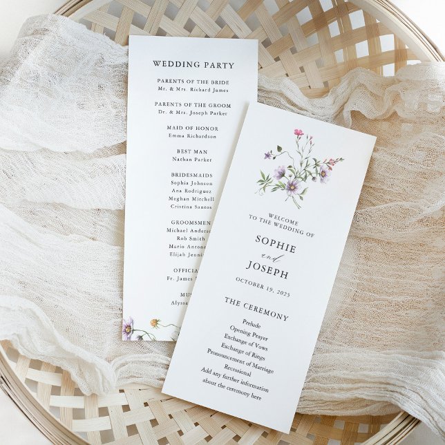Botaniska Wildblommor | ELEGANT BRÖLLOP Program (Simple and elegant botanical wildflowers decorate these trendy wedding programs)