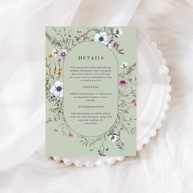Botaniska Wildblommor | Information om Mjuk Grönt  Tilläggskort (A pretty wildflower frame decorates these stylish soft green wedding detail cards)