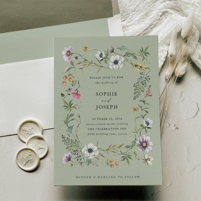 Botaniska Wildblommor | Mjuk Grönt Bröllop Inbjudningar (A pretty, soft green wedding invitation with wildflowers)