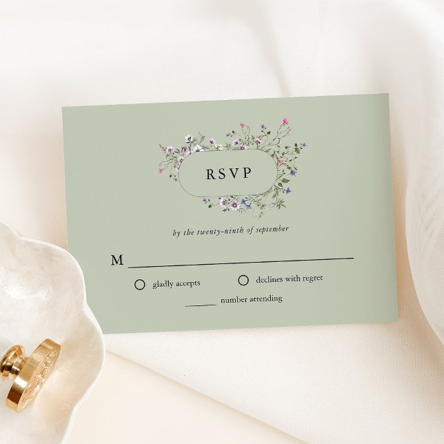 Botaniska Wildblommor | Mjuk Grönt Bröllop OSA Kort (An elegant, soft green wedding rsvp with wildflowers)