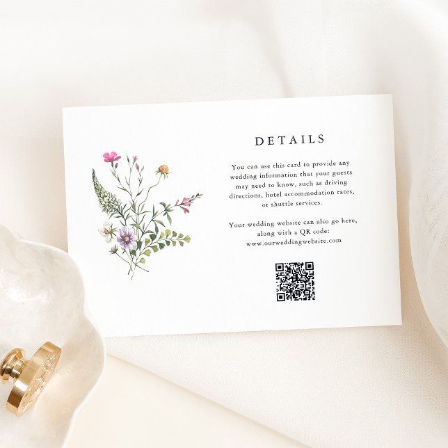 Botaniska Wildblommor | QR-kod för Bröllop Tilläggskort (Wedding guest detail cards with an elegant watercolor bouquet and a scannable QR code)