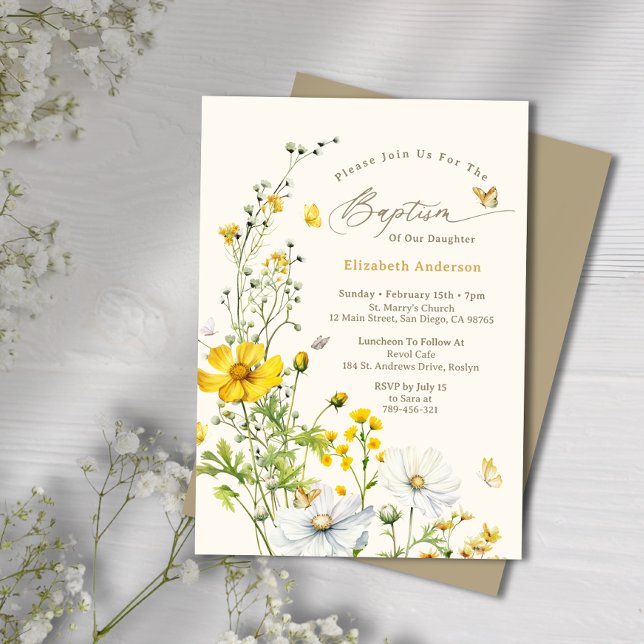 Botaniska Wildblomsterträdgårdsblommor (Baptism) Inbjudningar (Botanical Wildflower Garden Butterflies Baptism Invitation)