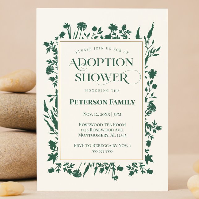 Botaniskt adoptionsprogram för elegant Grönt Inbjudningar (Forest Green botanical wildflower Adoption  baby shower invitation customizable Registry QR code )