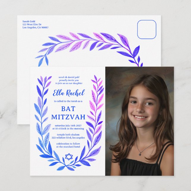 Botaniskt akvarell CUSTOM FOTO Bat Bar Mitzvah Vykort (Fram/baksida)
