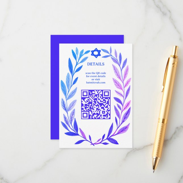 Botaniskt akvarell CUSTOM QR Bar Mitzvah Tilläggskort (Fram/Back In Situ)
