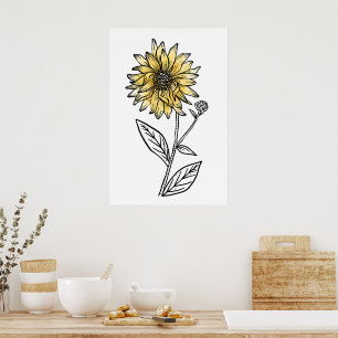Botaniskt akvarell estetisk linjekonst solros poster