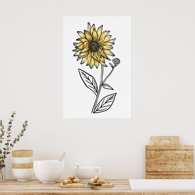 Botaniskt akvarell estetisk linjekonst solros  poster (Kök)