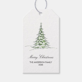 Botaniskt akvarell God Jul Träd Presentetikett