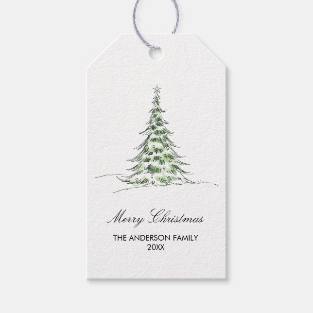 Botaniskt akvarell God Jul Träd Presentetikett (Framsidan)