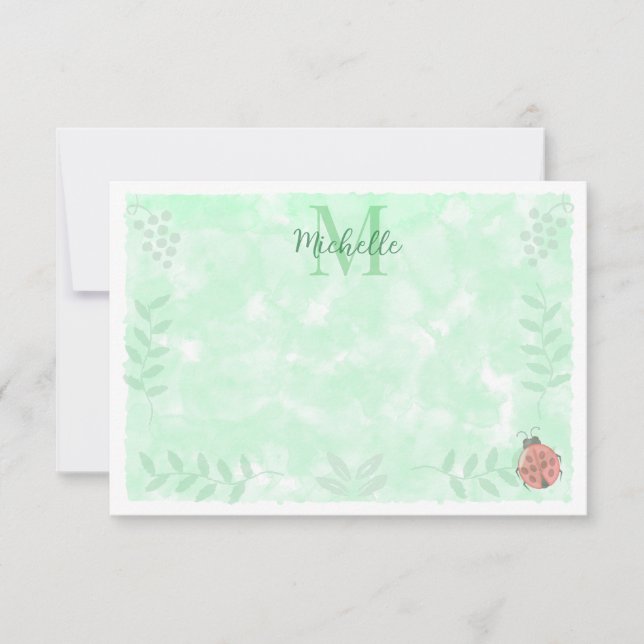 Botaniskt akvarell Ladybug Monogram   Anteckningskort (Framsida)