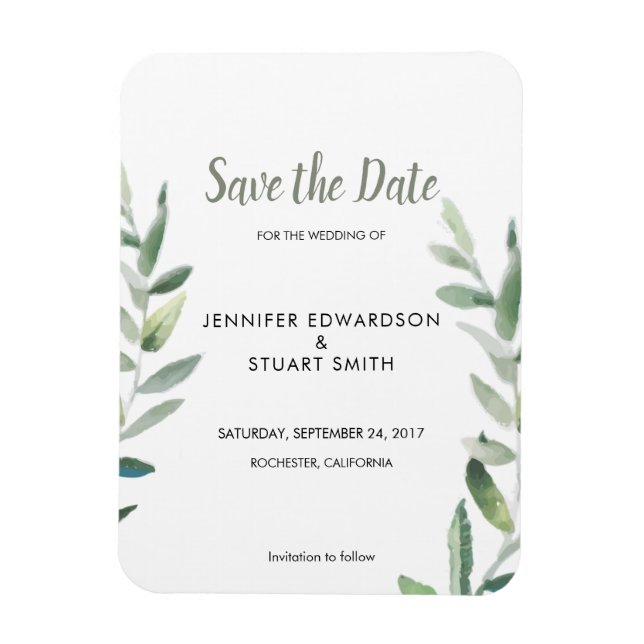 Botaniskt akvarell olivblad Save the Date Magnet (Vertikal)