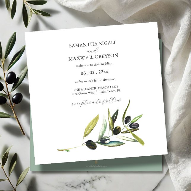 Botaniskt akvarell Olivkvist Bröllopsinbjudan Inbjudningar (watercolor wedding invitations olive branch art by Victoria Grigaliunas Do Tell A Belle)