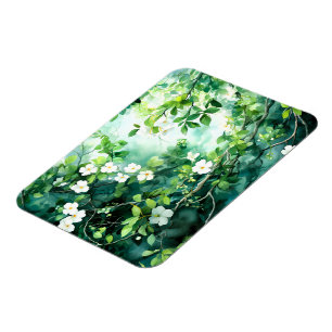 Botaniskt akvarell Vita Blommor Gröna blad Magnet