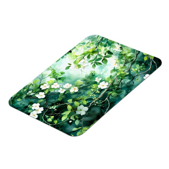 Botaniskt akvarell Vita Blommor Gröna blad Magnet (Vänstra Sidan)
