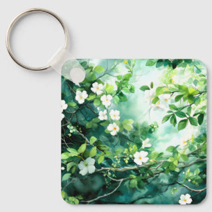 Botaniskt akvarell Vita Blommor Gröna blad Nyckelring