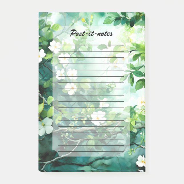 Botaniskt akvarell Vita Blommor Gröna blad Post-it Block (Framsida)