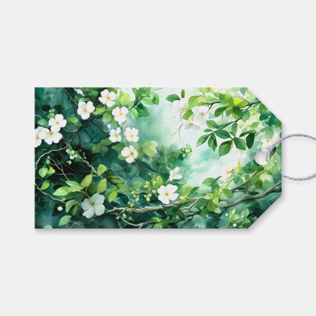 Botaniskt akvarell Vita Blommor Gröna blad Presentetikett (Framsidan (Horisontell))