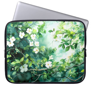 Botaniskt akvarell Vita Blommor Gröna Löv Laptop Fodral