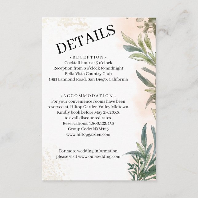 Botaniskt akvarellbröllopsföljekort  tilläggskort (Framsida)