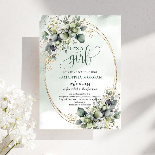 Botaniskt akvarelltema Det är en flicka-inbjudan Inbjudningar (Botanical Watercolor Theme It’s A Girl Invitation)