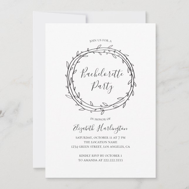 Botaniskt bachelorettparti. Svartvit Inbjudningar (Framsida)