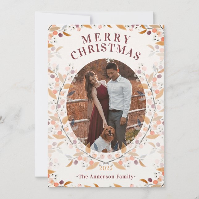 Botaniskt Berry Framed Photo Helgdag Card Julkort (Framsida)