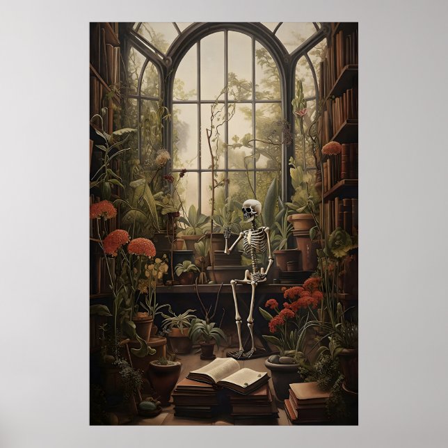 Botaniskt bibliotek skelett konsttryck, mörkt poster (Framsidan)