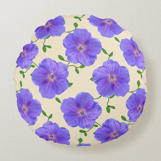 Botaniskt blå Geranium Flower Rund Kudde (Framsidan)