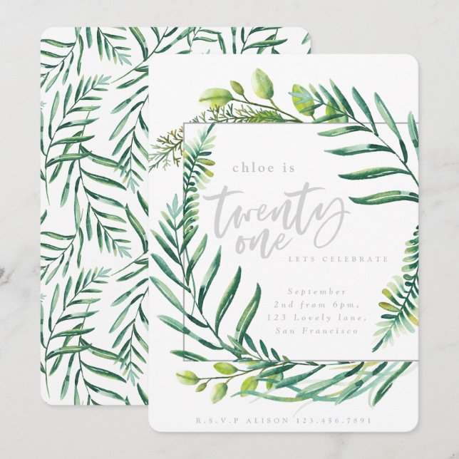 Botaniskt blad 21:a födelsedag inbjudningar (Fram/baksida)