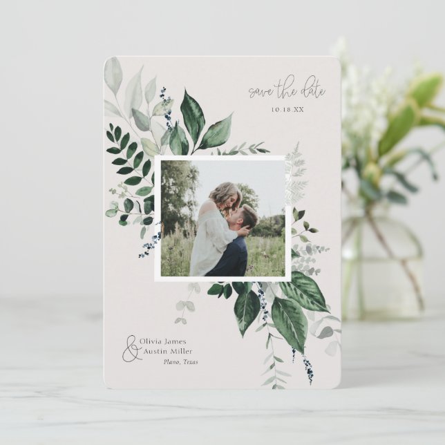 Botaniskt bladgrönt fotoram Minneskort datum för b (Stående Fram)