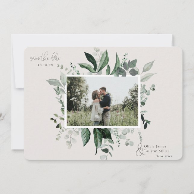 Botaniskt bladgrönt fotoram Spara datumet (Framsida)
