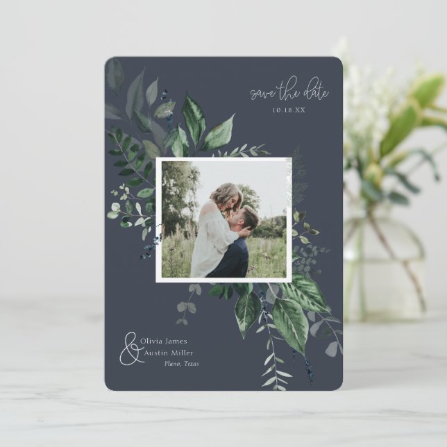 Botaniskt bladgrönt fotoram Spara datumet (Stående Fram)