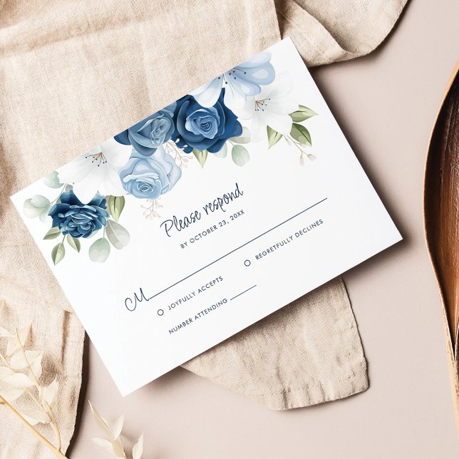 Botaniskt blått Blommigt OSA Kort (Dusty Blue Floral Wedding RSVP Card)