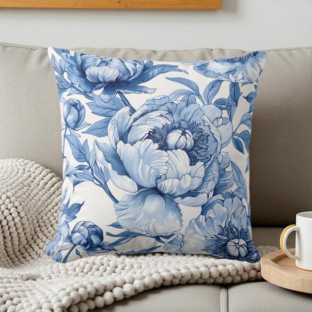 Botaniskt Blått och Vitt Elegant Blommönster Kudde (Botanical Blue and White Elegant Floral Pattern Throw Pillow)