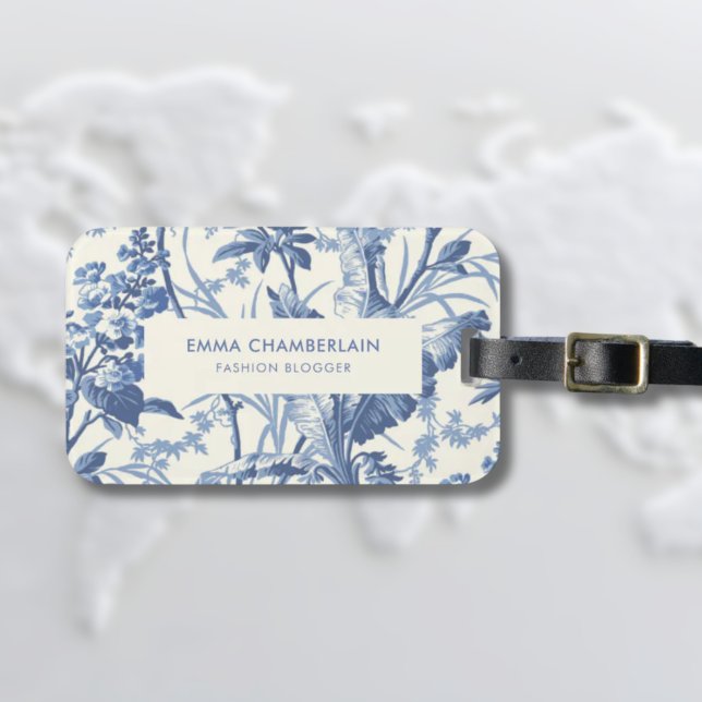 Botaniskt blått och vitt kinoiseriskt Anpassningsb Bagagebricka (Blue and White Floral Luggage tag with vintage and feminine style)