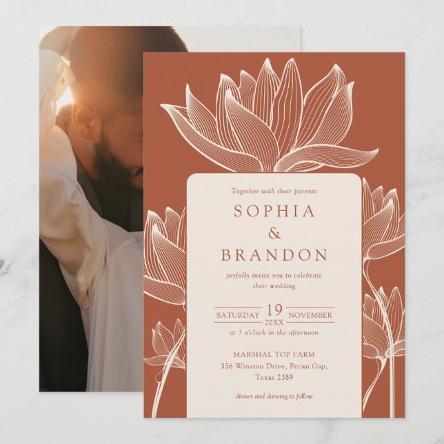 Botaniskt blomfoto Terrakotta Bröllop Inbjudningar (Fram/baksida)