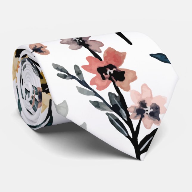 Botaniskt Blommönster med modern vit vattenfärg Slips (Rullad)