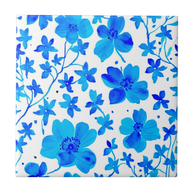 Botaniskt blommotiv i djupblått och vitt  kakelplatta (Framsidan)