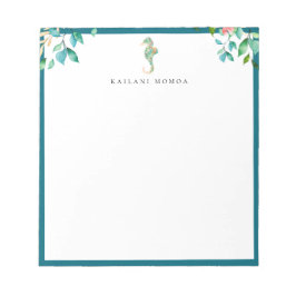 Botaniskt blomster sjöhästar logo blå ram anteckningsblock