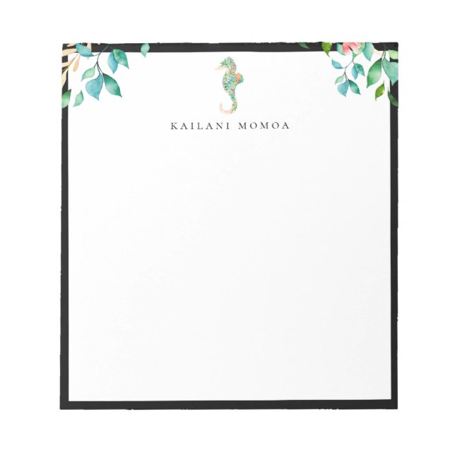 Botaniskt blomster sjöhästar svart ram anteckningsblock (Framsida)