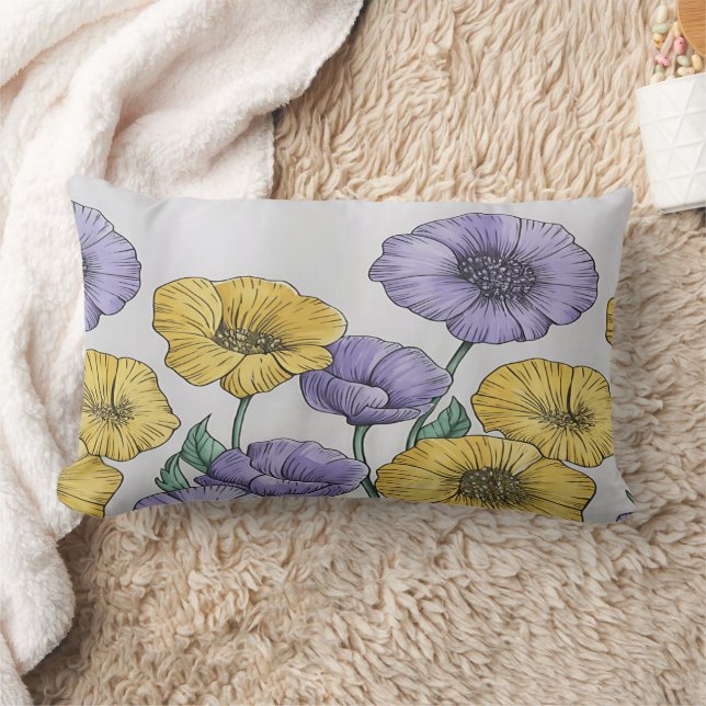 Botaniskt blomsterkuddfodral – Lila & Gul Hand Lumbarkudde (Filt)