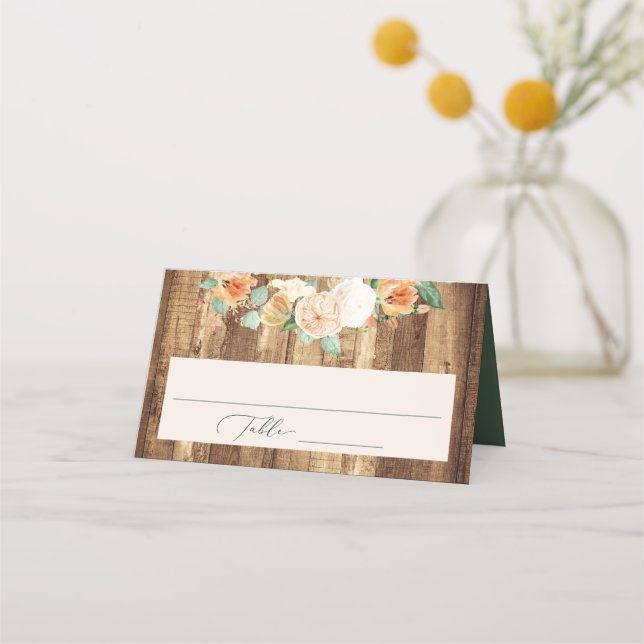 Botaniskt boho Farmhouse Wood Greenery Bröllop Placeringskort (Framsida)