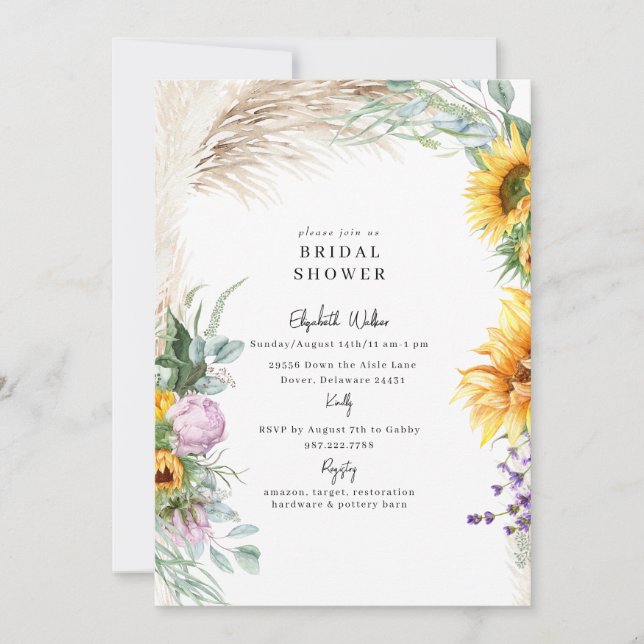 Botaniskt Boho Pampas Solros Peony BridalShower Inbjudningar (Framsida)