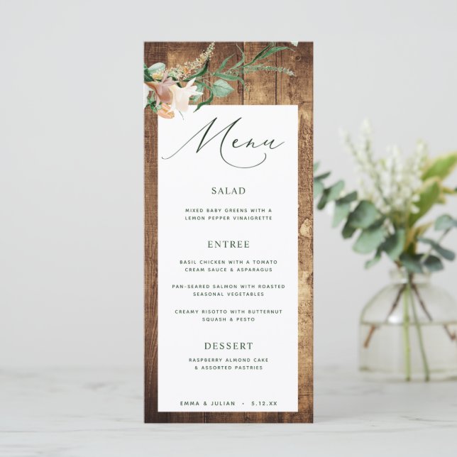 Botaniskt boho Rustic Farmhouse Barn Bröllop Menu Meny (Stående Fram)