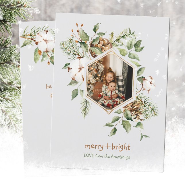 Botaniskt bomull - merry Bright Photo Julkort (Botanical Cotton Merry Bright Photo Holiday Card ©Susanne Sachers - Sunny Mind Design 🌞)